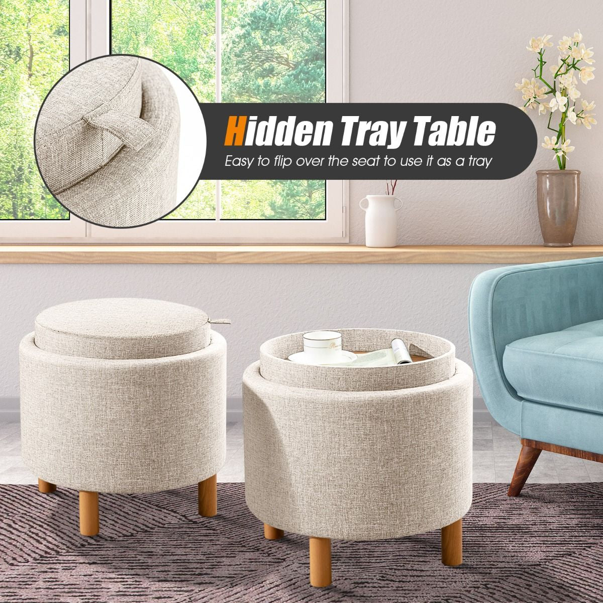 Modern round Padded Storage Ottoman with Hidden Storage Space
