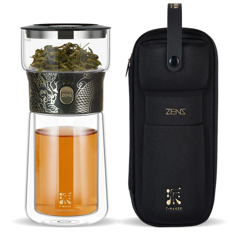 ZENS Modern Glass Tea Infuser Set Special Black Dragen Color– Perfect Loose Leaf Tea Maker with Insulated Mug & Portable Case – Ideal Gift and Christmas Gift for Tea Lovers Chritmas Gift