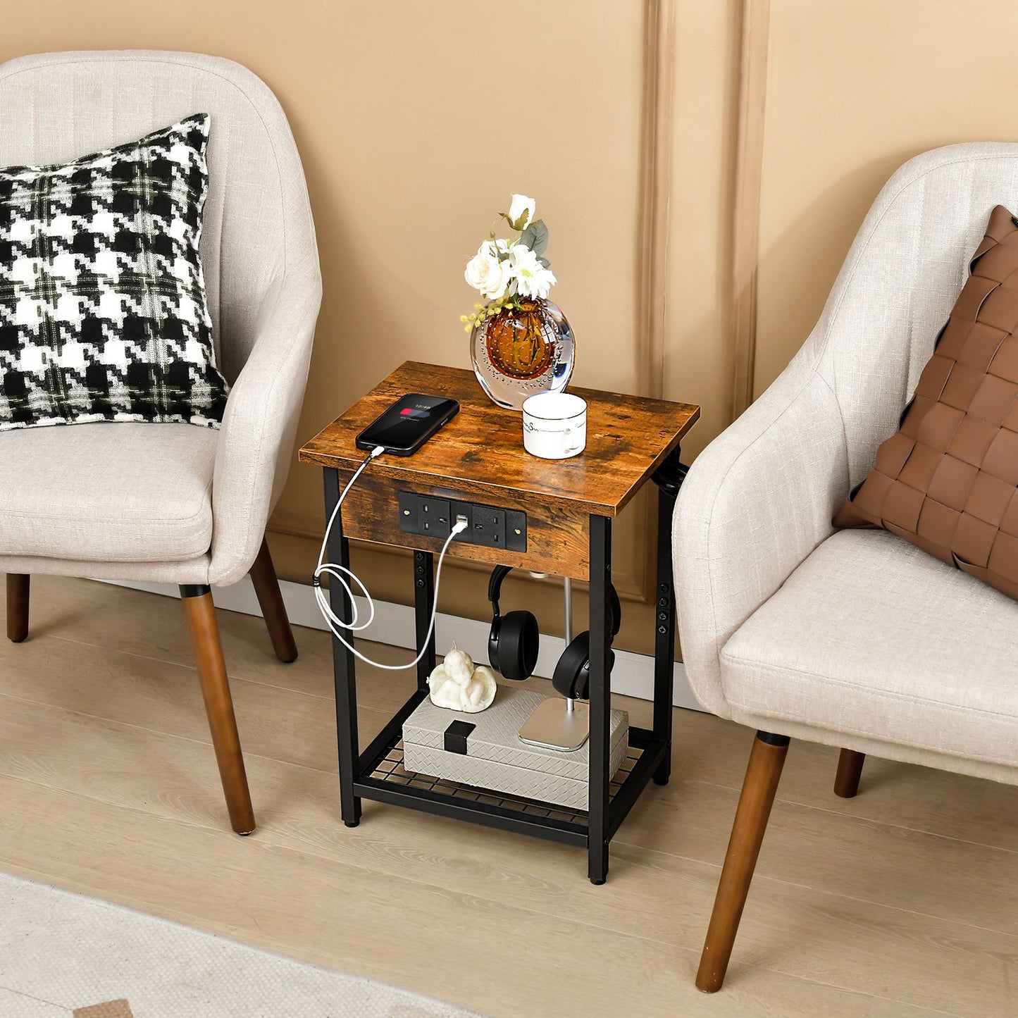 Nightstand Set of 2 with Charging Station and Open Shelf