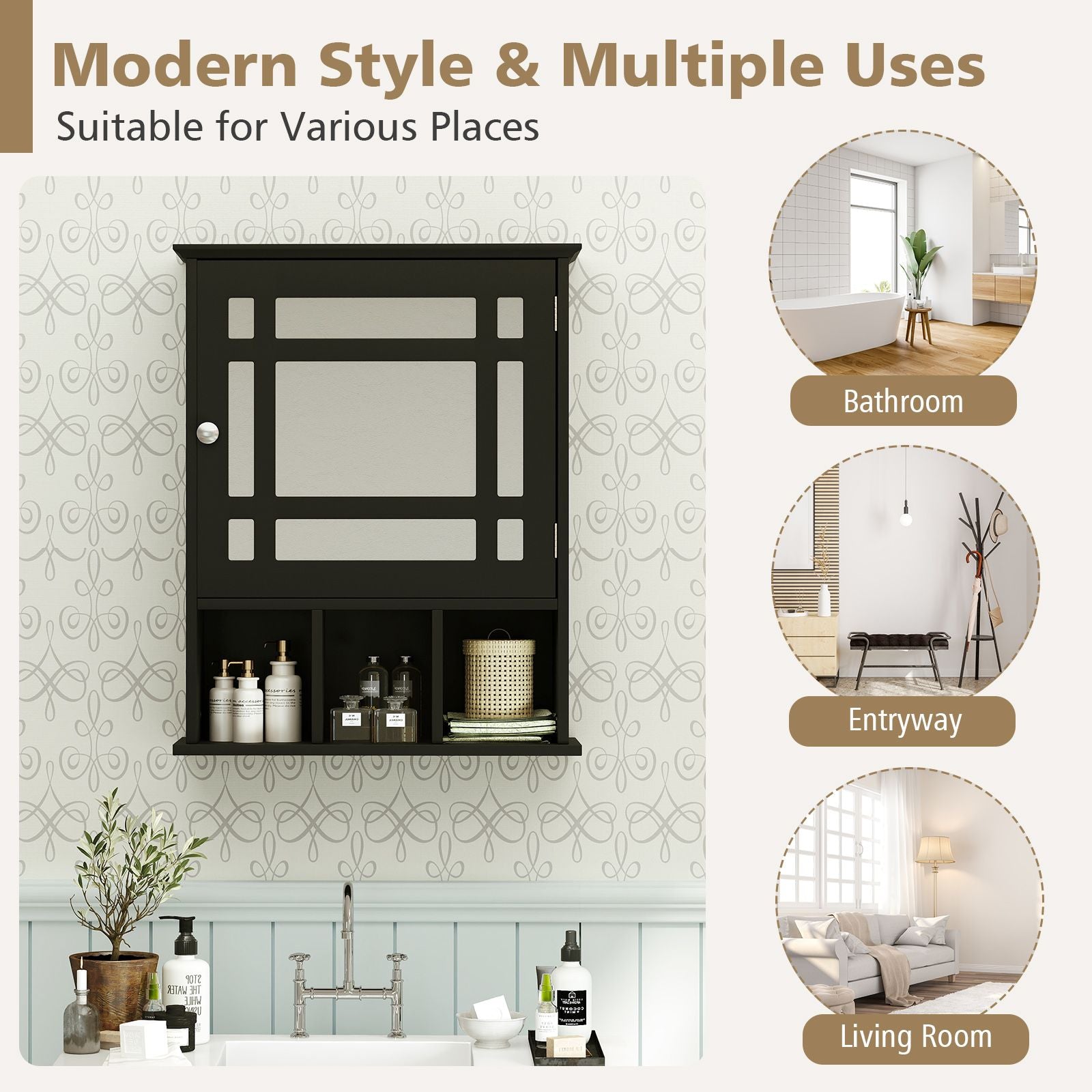 Mirror Door Cabinet with Adjustable Shelf and 3 Compartments