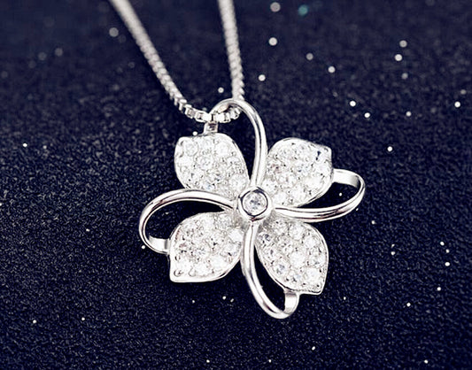 Clover Crystal Pendant 925 Sterling Silver Chain Necklace Women Ladies Jewellery