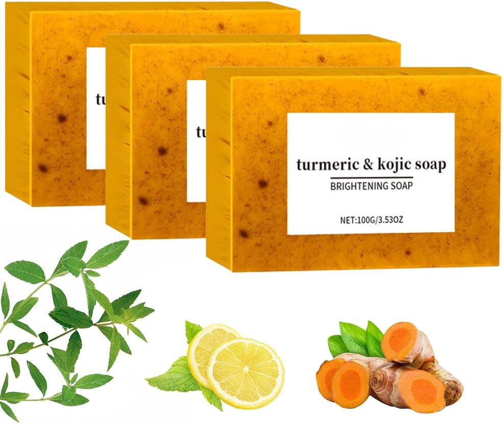 Kojic Acid & Turmeric Soap Set - Natural Lemon Brightening Bar for Acne, Dark Spots, Hyperpigmentation, and Smooth Skin - Deep Cleansing and Refreshing Formula (3 Pieces)