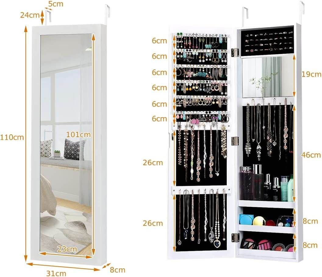 Wall Mounted Jewellery Armoire with Built-In Mirror and 3 Shelves