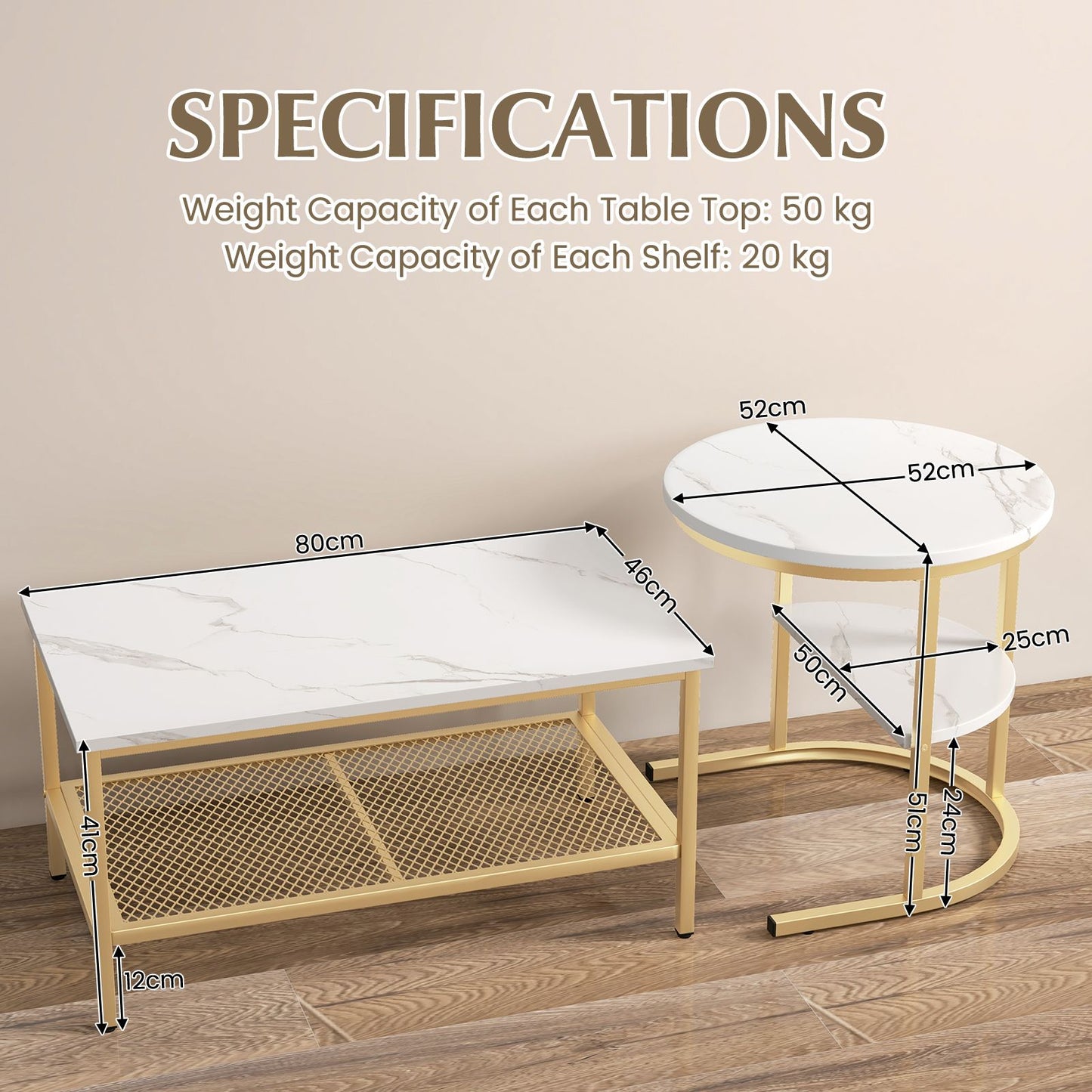 Set of 2 Nesting Coffee Table with Extra Storage Shelf