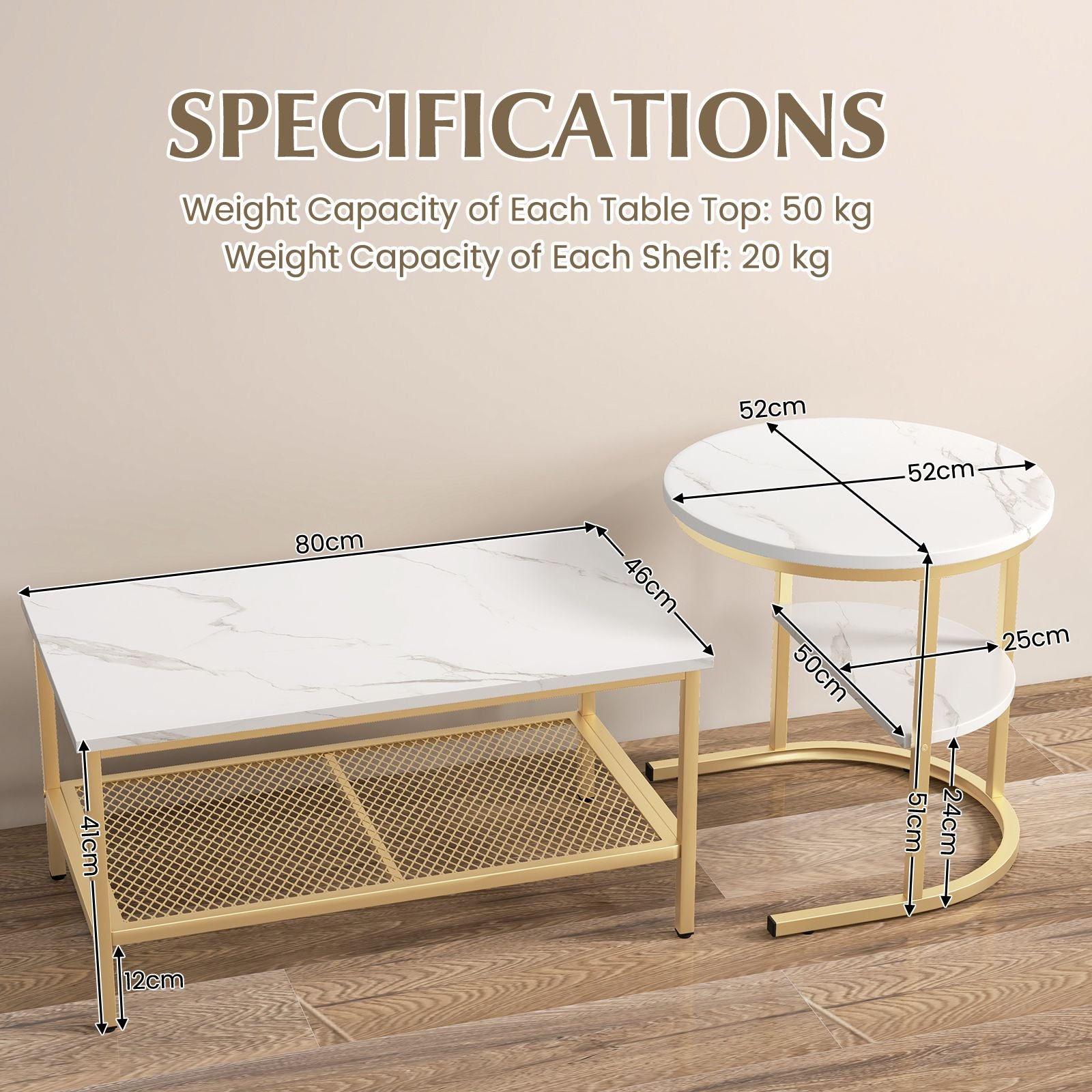 Set of 2 Nesting Coffee Table with Extra Storage Shelf