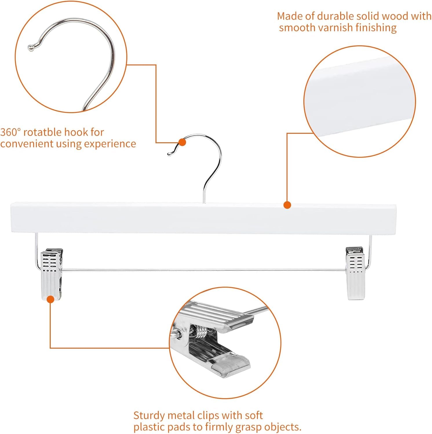 Wooden Hangers with Clips, 10-Pack, 36 Cm, White