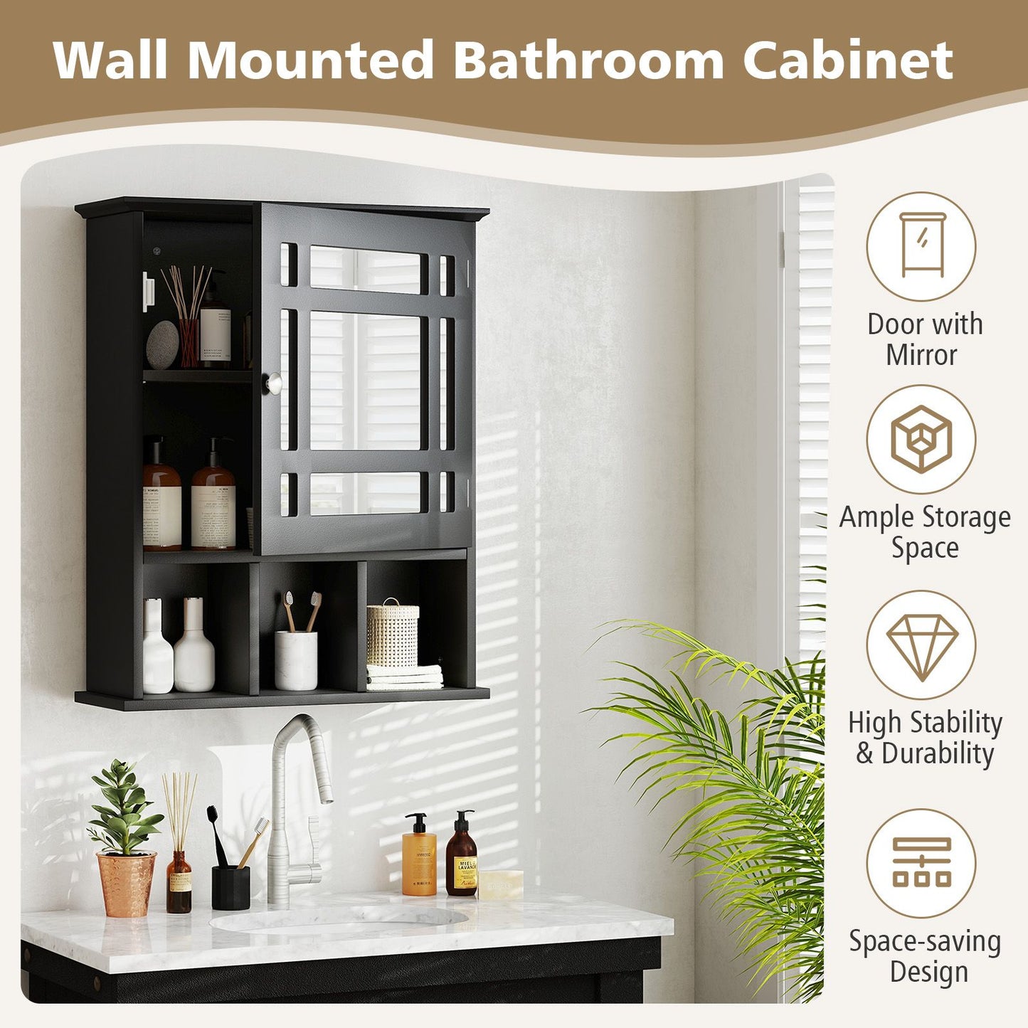 Mirror Door Cabinet with Adjustable Shelf and 3 Compartments