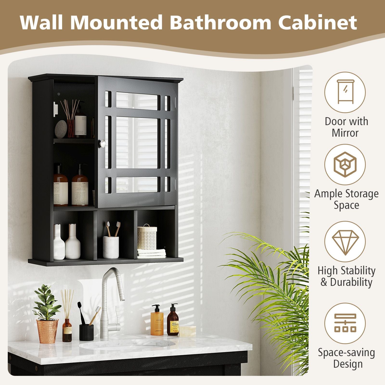 Mirror Door Cabinet with Adjustable Shelf and 3 Compartments