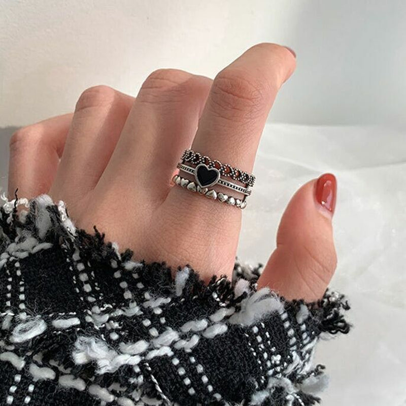 Vintage Heart Linked Adjustable Ring 925 Sterling Silver Women Jewellery
