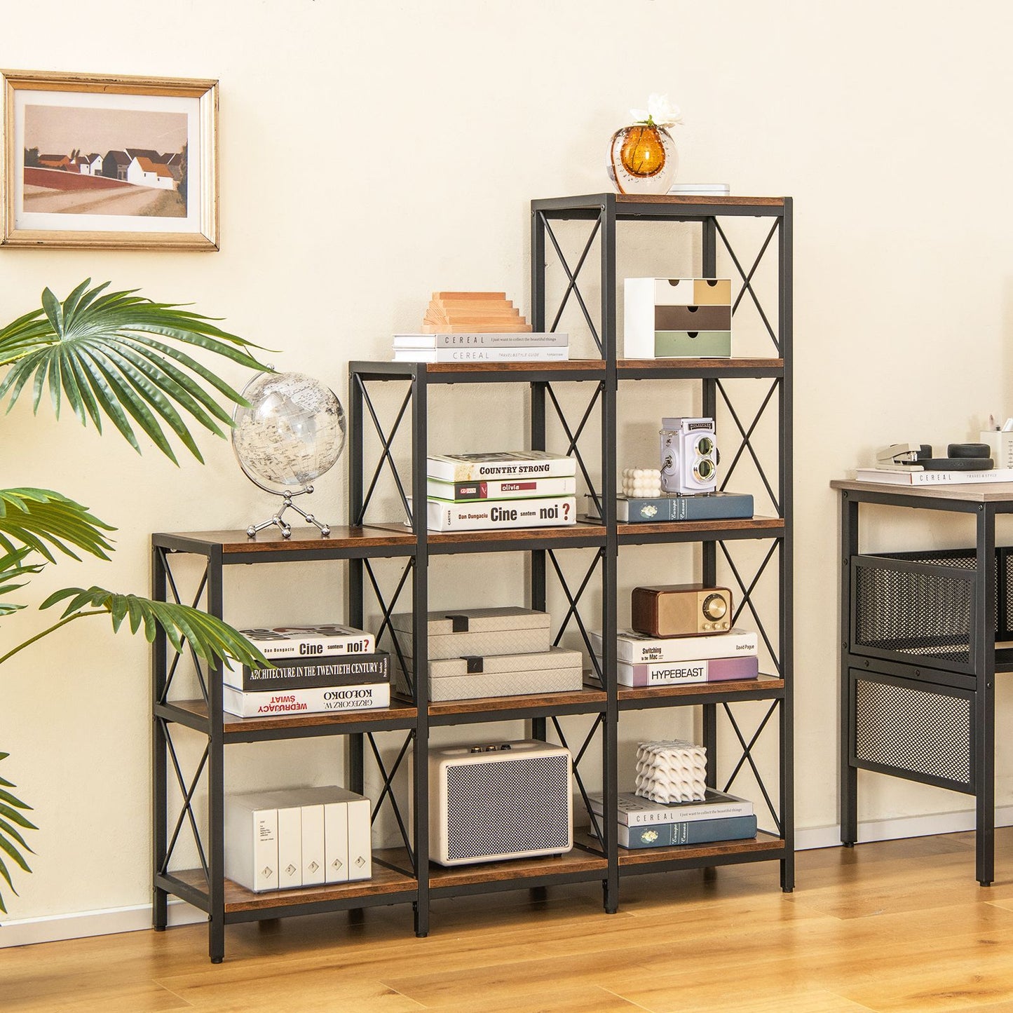 5-Tier Bookshelf 9 Cubes Bookcase with Carbon Steel Frame