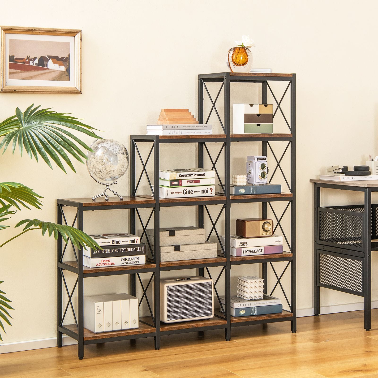 5-Tier Bookshelf 9 Cubes Bookcase with Carbon Steel Frame
